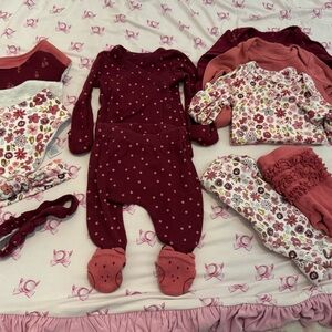 Used Carter's Burgundy and Pink Floral and Polka dot Newborn Girl’s bundle
